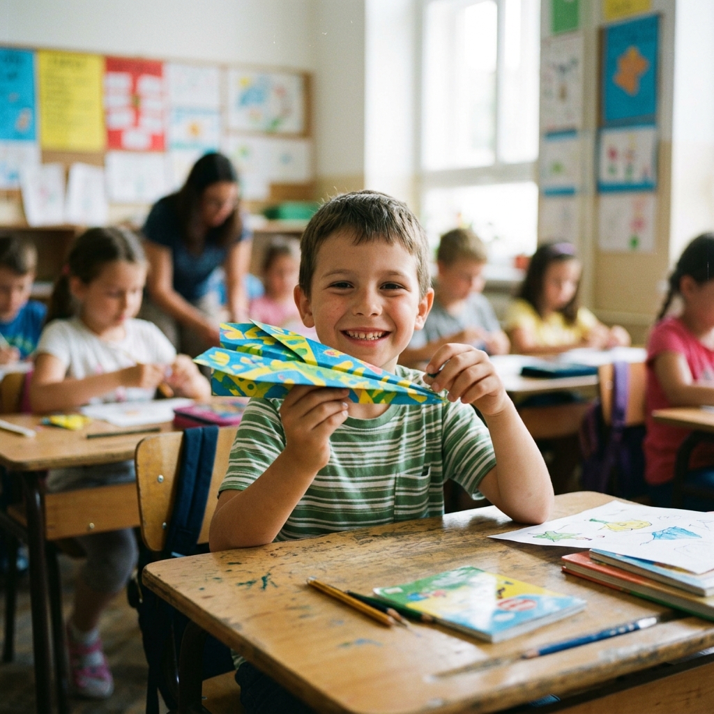Aluno feliz na escola com avião de papel