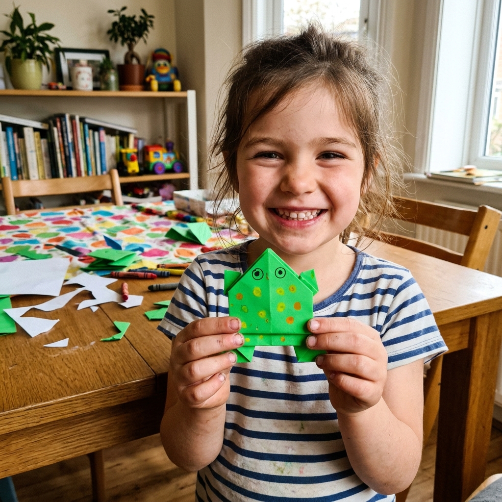 Criança sorrindo com sapinho de origami