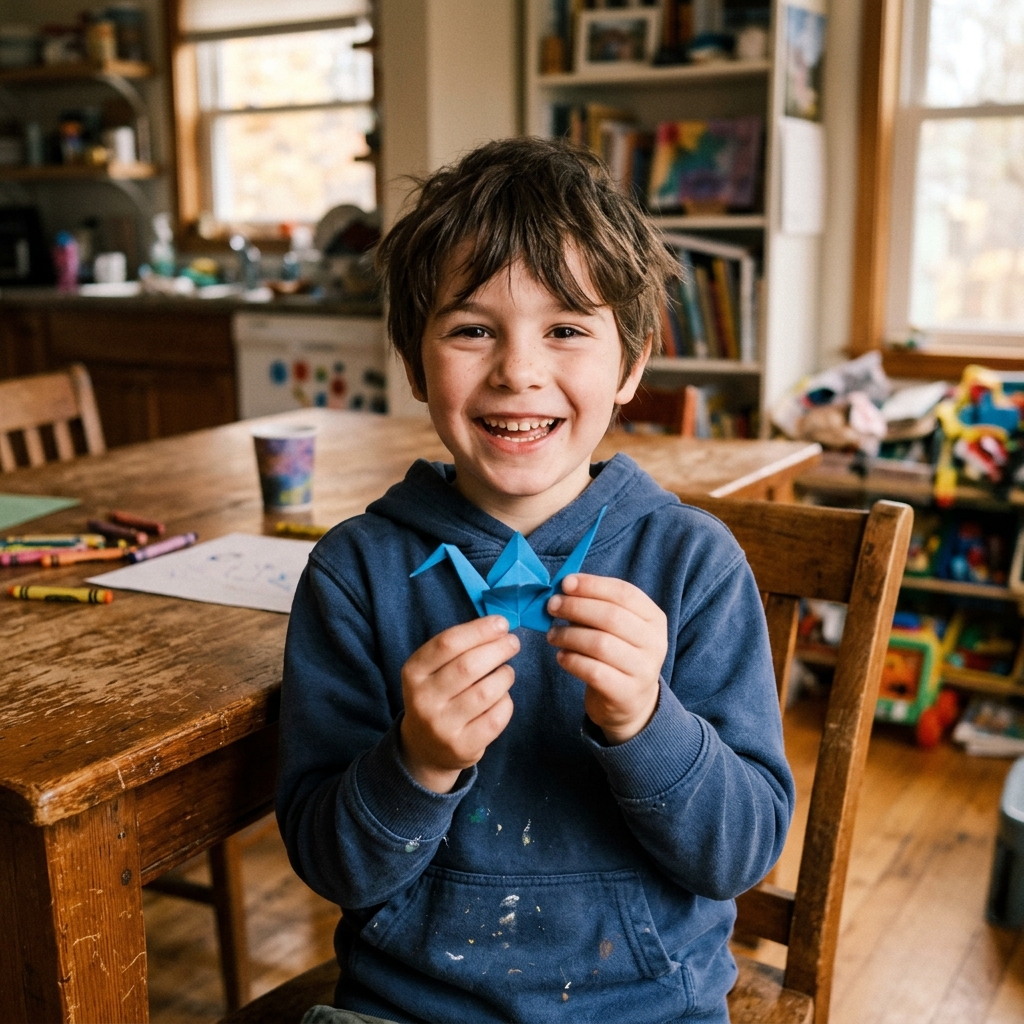 Theo segurando tsuru de origami feito em casa