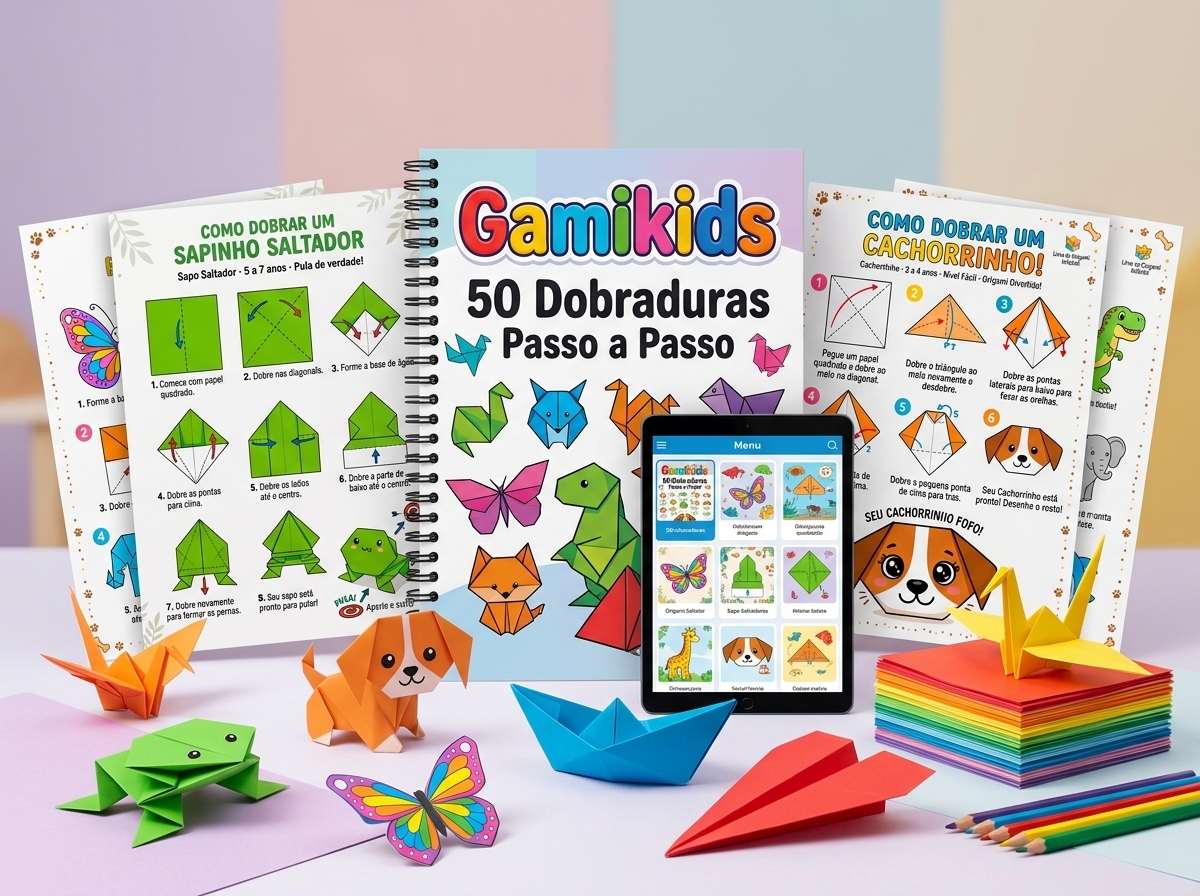 Livro Gamikids com dobraduras de papel na mesa